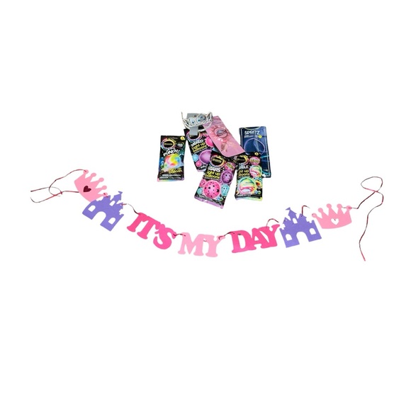 ALL NWT party decorations pack. Banner, balloons, glow necklaces, crown, pin - Picture 1 of 10